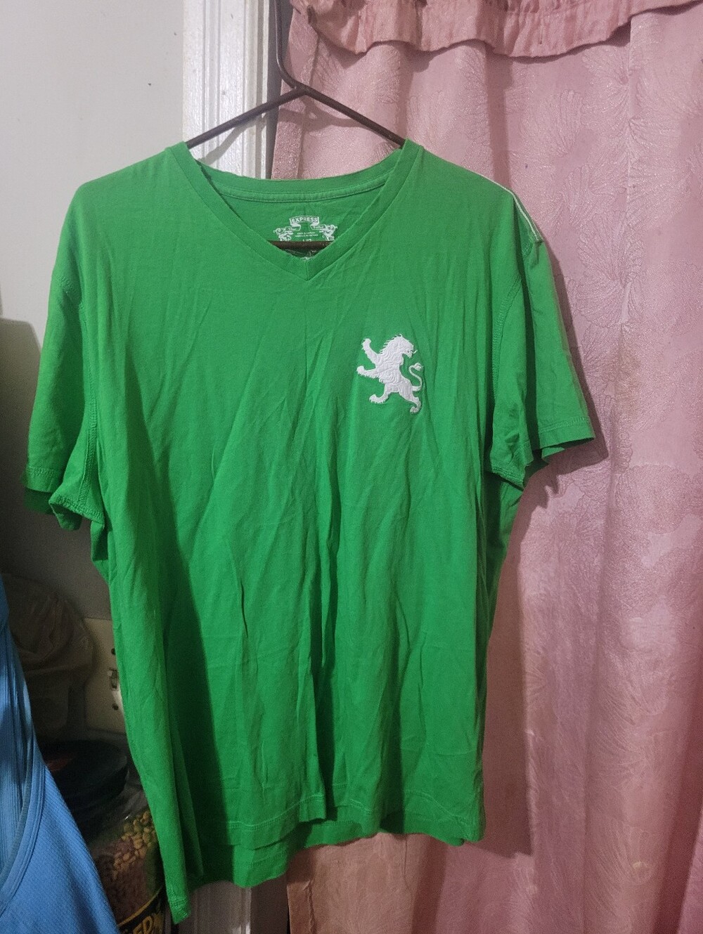 Express Men’s Bright Green V-Neck Tee with White Lion Crest